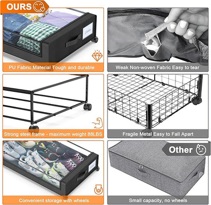 Under Bed Storage with Wheels, 4 Pack Under Bed Storage Containers with Dividers & Clear Lids, XXL 65L Under the bed storage Organizer Bins, Underbed Storage with Wheels for Clothes,Shoes,Toys - Black