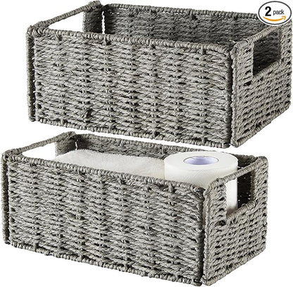 Vagusicc Wicker Storage Basket, Set of 2 Hand-Woven Paper Rope Wicker Basket, Small Storage Baskets for Organizing Toilet Paper Basket, Foldable Large Cube Storage Organizer Bins for Shelves (Grey)