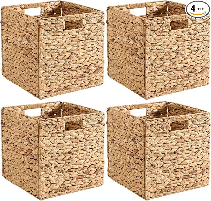 Handwoven Water Hyacinth Storage Baskets set of 4 Foldable Cube Bins Storage Oragnizer for Cabinet Shelf Bedroom Living Room (Natural, 13" L x 13" W x 13" H)