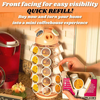 Made Easy Kit Carousel Coffee Pod Holder, Compatible with Keurig K-Pods K-Cups, Countertop Rack Storage Organizer, Metal Home and Kitchen Decor, Capsule Café Station Bar (Large, Pink Pig)