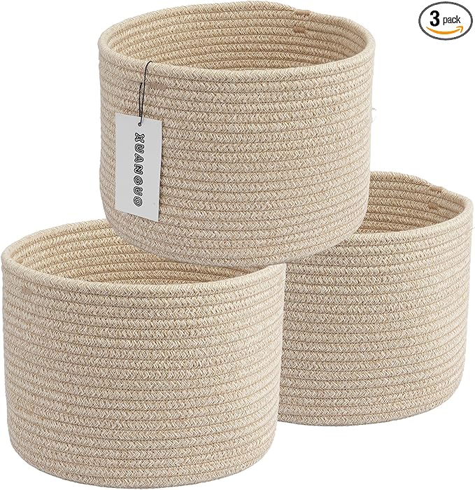 XUANGUO Woven Cotton Storage Baskets - 3-Pack Round Bins (10x10x7'') for Shelves, Closets & Bookcases | Durable Rope Organizers for Nursery, Baby, Toys, Easter & More (Oatmeal)