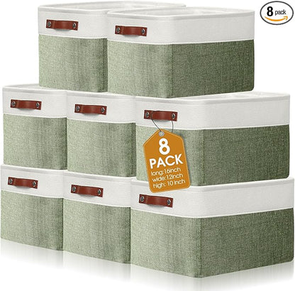 Uiifan 8 Pack 16 x 12 x 10 Inch Large Storage Baskets Collapsible Fabric Storage Cubes Bins with Handles for Shelves Closets Nursery Home Clothes Toys Organizers, Green