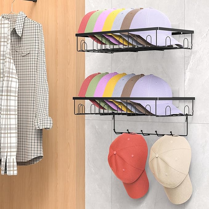 HuggieGems Metal Hat Organizer for Wall, Adhesive or Drill, Hat Rack Storage for Baseball Caps, 2 Ways of Installation, 2 Pack, Black