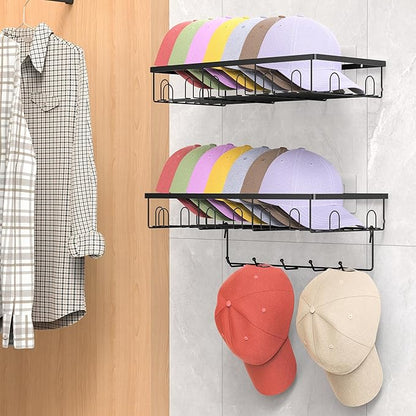HuggieGems Metal Hat Organizer for Wall, Adhesive or Drill, Hat Rack Storage for Baseball Caps, 2 Ways of Installation, 2 Pack, Black