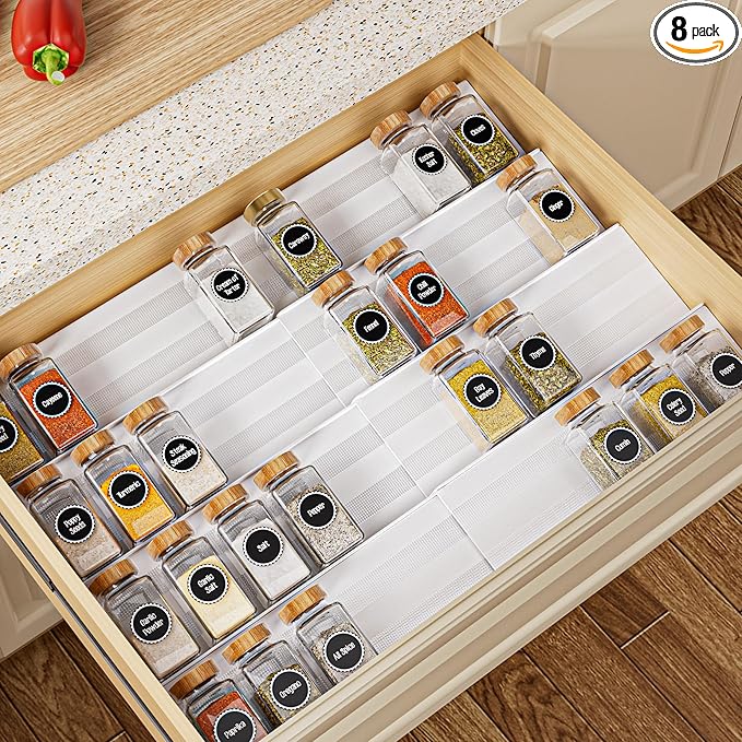 8-Pack Spice Rack for Drawer, Adjustable Seasoning Rack Tray, Expandable from 13" to 26", 2mm Acrylic, White, Kitchen Organizer and Storage (Jars Not Included)