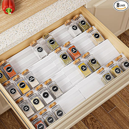 8-Pack Spice Rack for Drawer, Adjustable Seasoning Rack Tray, Expandable from 13" to 26", 2mm Acrylic, White, Kitchen Organizer and Storage (Jars Not Included)