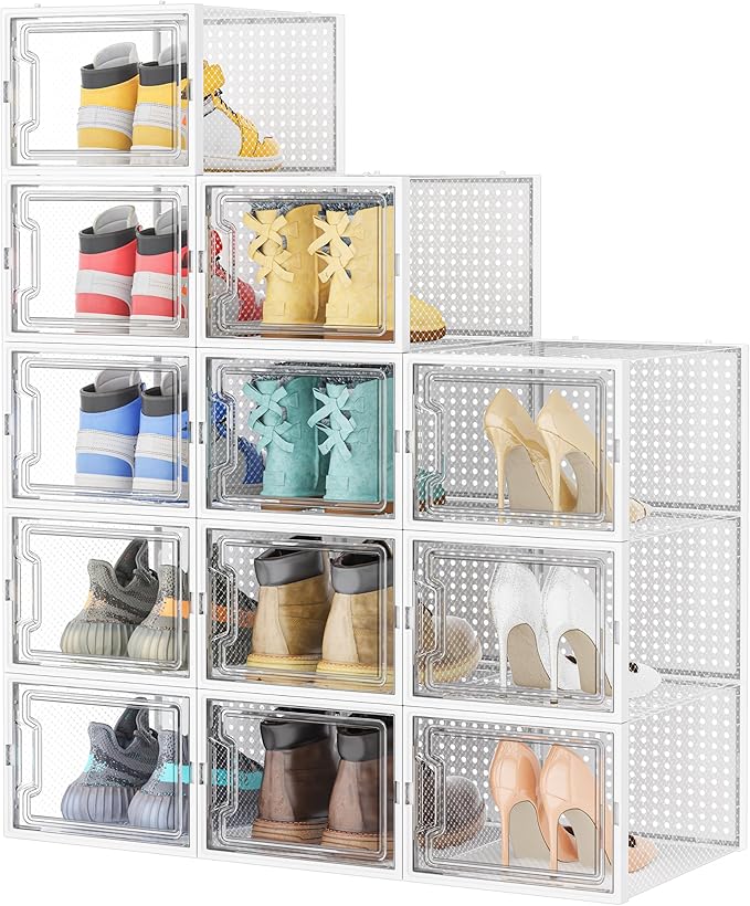HOMIDEC Shoe Storage, 12 Pack Shoe Organizer for Closet, Shoe Boxes Clear Plastic Stackable Shoe Containers with Lids for Size 13