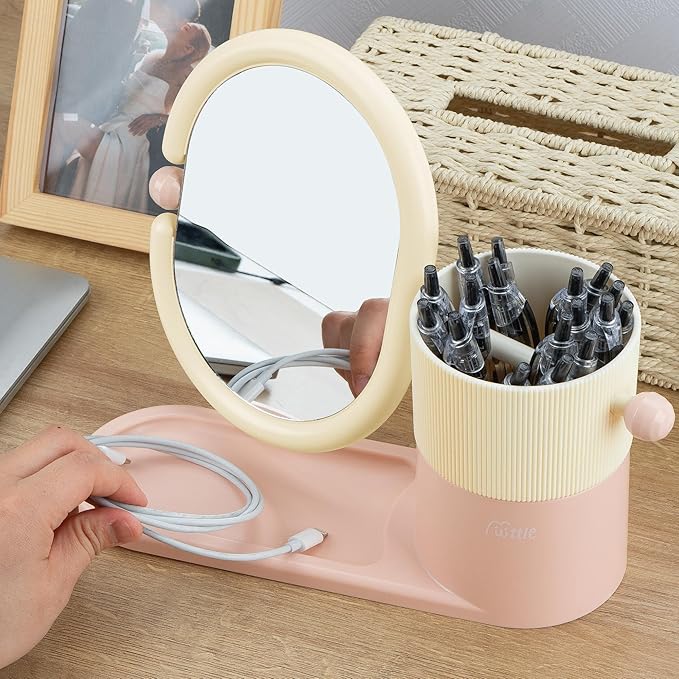 Desk Organizer with Magnifying HD Rotating Glass Mirror 360° Adjustable Dual-Purpose Makeup Brush Holder Pen Caddy, Pink & White ABS Storage for Office & Vanity Accessories+Free Lens Cloth