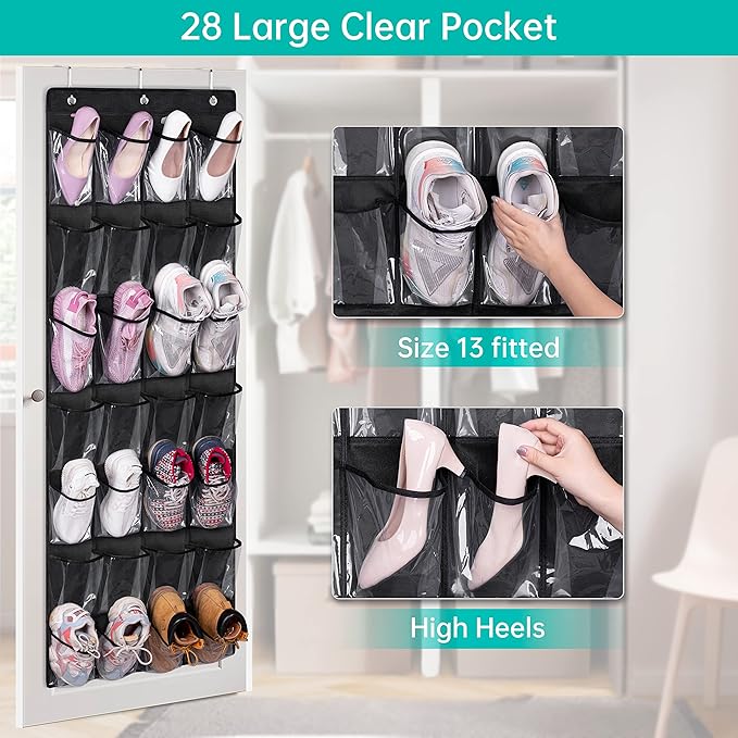 KEETDY 28 Large Clear Pockets Over the Door Shoe Rack, Hanging Shoe Organizer for Closet Shoe Holder for Men Women Kids, Black