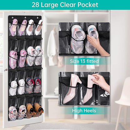KEETDY 28 Large Clear Pockets Over the Door Shoe Rack, Hanging Shoe Organizer for Closet Shoe Holder for Men Women Kids, Black