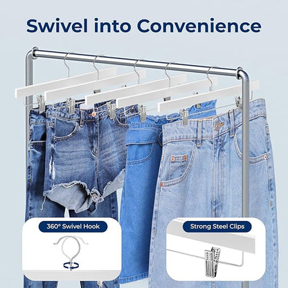 SereneLife 10 Pack Skirt and Pant Hanger with Adjustable Non-Slip Steel Clips, Premium Wooden, 360° Swivel Hook & 10 lb Capacity – Space-Saving Heavy-Duty Hangers for Jeans, Shorts & Slacks (White)