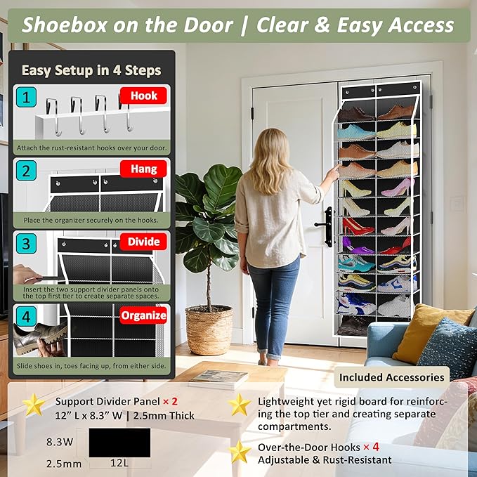 Kotkn 24-Pair Over Door Shoe Organizer for Family & Kids, Double Sided | Hanging Storage for Sneakers, Boots, Toys & Room Organization-Obsidian Black