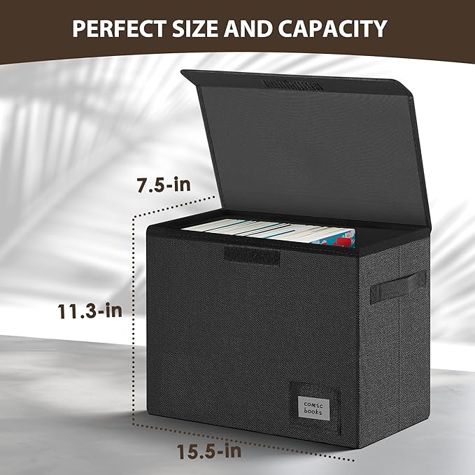 Leffis 3 Pack Comic Book Storage, Comic Book Box Collapsible and Stackable Comic Short Box with Lid and Label Slot 15.5" X 7.5" X 11.3" Holds 150 Comics (Black)