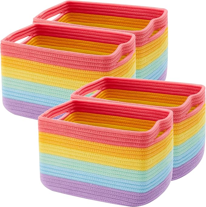 Set of 4 Rainbow Rope Basket for Shelves Woven Rectangle Storage Basket Bins for Nursery Toy Storage for Baby Girl