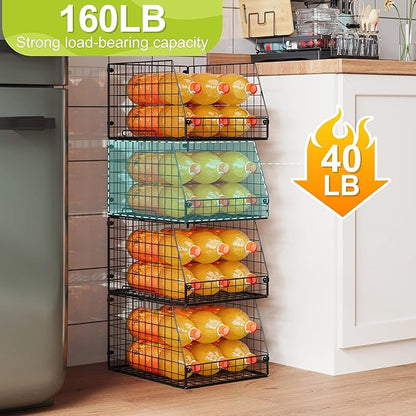 Jakyitvi 4 Pack XXL Stackable Wire Storage Basket, Extra Large Capacity Pantry Organizer and Storage, Muti-Purpose for Fruit Vegetable Basket & Toy Bin & Snack Organizer