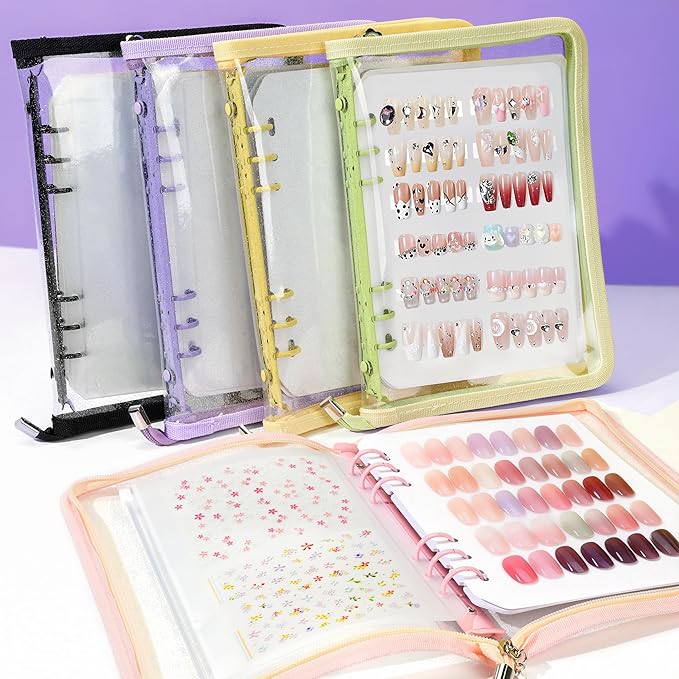 18PCS Press On Nail Organizer Clear Empty Press on Nail Packaging Set with 8 Insert Pages,8 nail double tape and 1 Zipper Pocket for Fake Nail Storage Nail Art Salon (purple)