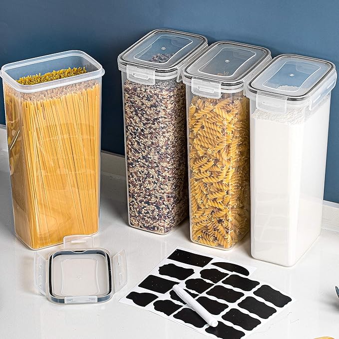 Vtopmart Airtight Food Storage Containers with Lids, 4 PCS 2.8L Pasta Containers for Pantry Organization and Storage, BPA Free Kitchen Canisters for Spaghetti, Flour, Sugar and Noodles, Black