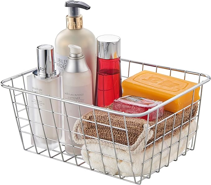 JUNCHU CHERRY Wire Kitchen Storage Basket 5 Packs,Perfect Pantry Organization Accessories Baskets,Laundry Basket,Countertop Organization,Suitable for Kitchen,bathroom,bedroom,Tabletop,Stackable,Chrome