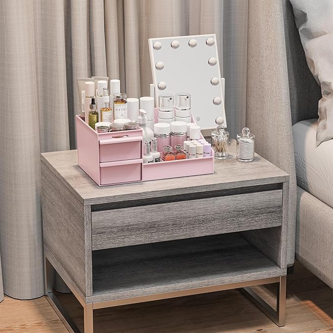 DancesCat Pink&2 Drawers Makeup Organizer Countertop, Vanity Organizer with 7 Compartments and 2 Drawers for Cosmetics, Skincare, Brushes, Perfume, Bathroom Counter Organizer