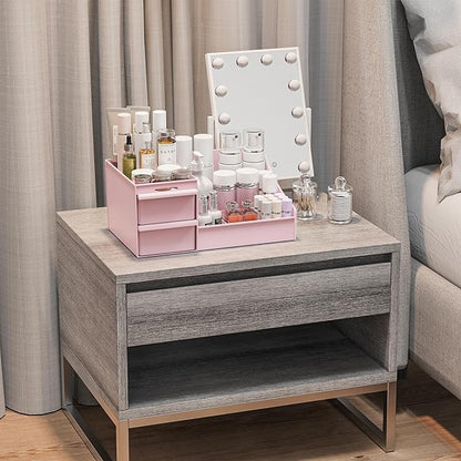 DancesCat Pink&2 Drawers Makeup Organizer Countertop, Vanity Organizer with 7 Compartments and 2 Drawers for Cosmetics, Skincare, Brushes, Perfume, Bathroom Counter Organizer