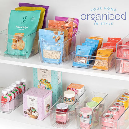 Plastic Food Storage 4 Pack Clear Container Bin with Handles for Organizing Kitchen, Pantry, Refrigerator, Freezer, Pantry, Cabinet, Closet, Bathroom. 14”x4”x4”