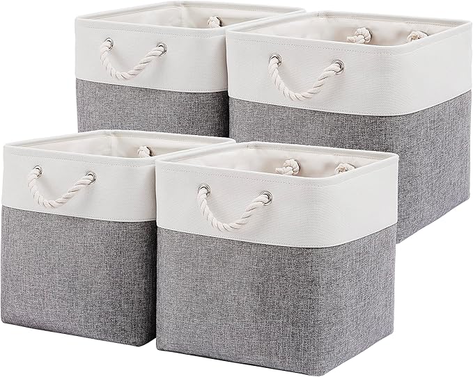 MidmmVick 13 x 13 Inch Cube Storage Bins, 4 Pack Large Collapsible Fabric Storage Bin with Ropes, Foldable Storage Cubes for Home, Office,Closet, Clothes, Toys Organizer (White & Grey)