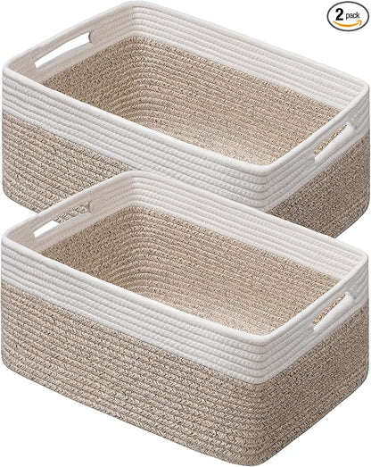 UBBCARE 2 Pack Storage Baskets for Shelves, Large Woven Storage Baskets, Dog Toy Bins, Baskets for Organizing Clothes, Towels, Books, Blanket, 17"L x 13"W x 7.5"H, White&Brown