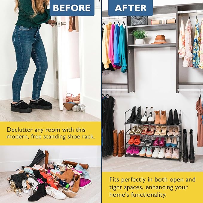 Sundaze Shoe Rack - 4 Tier Shoe Rack for Front Door Entrance, Sturdy Long Shoe Organizer for Closet, Bedroom, Entryway, Garage, Non Woven Fabric Shelf, Black, Holds Up to 20 Pairs