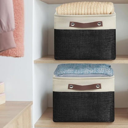 Simple Houseware 15" x 11" Large Fabric Storage Bin for Closet and Shelves, Leather Like Handles, 3 Pack, Black