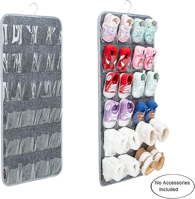 PACMAXI Over The Door Shoes Organizer for 12 Pairs of Baby Shoes Boys Girl, Hanging Baby Sole Shoe Organizer with Hanger(Felt Material-Grey)