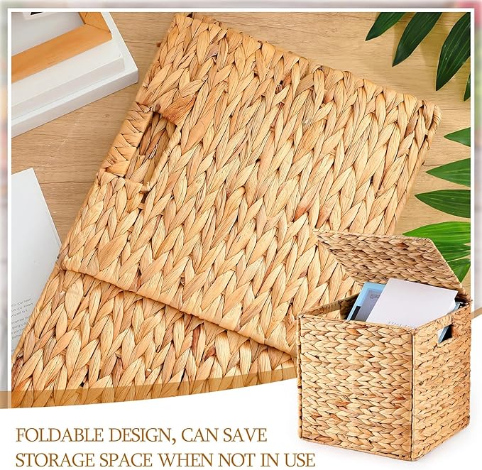 Jinei 6 Pcs Wicker Storage Basket with Lid Bulk 12 x 12 x 12 Inch Handwoven Water Hyacinth Cube Bin with Handles Woven Laundry for Organizer Shelves Wood Color