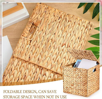 Jinei 6 Pcs Wicker Storage Basket with Lid Bulk 12 x 12 x 12 Inch Handwoven Water Hyacinth Cube Bin with Handles Woven Laundry for Organizer Shelves Wood Color
