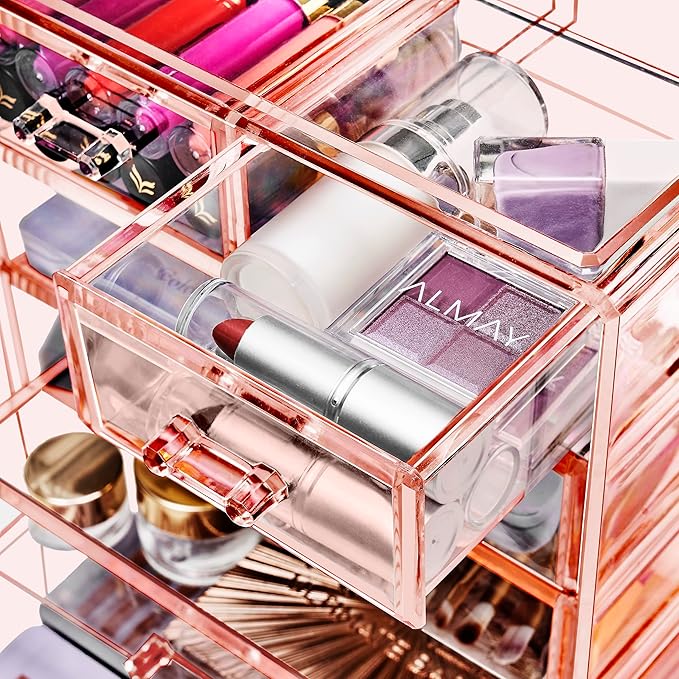 Sorbus Acrylic Makeup Organizer Set, 6-Drawer Vanity & Countertop Cosmetic Storage with Small & Wide Drawers, Pink Makeup Storage for Brushes, Lipsticks, Jewelry – Holiday Gift for Women & Teens