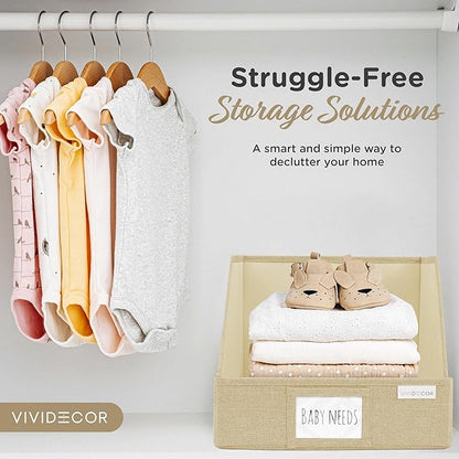 VIVIDECOR Open Front Closet Storage Bins 12x12x10 – Trapezoid Shelf Organizer, Easy Access Fabric Baskets for Clothes, Towels – Beige, 3 Pack