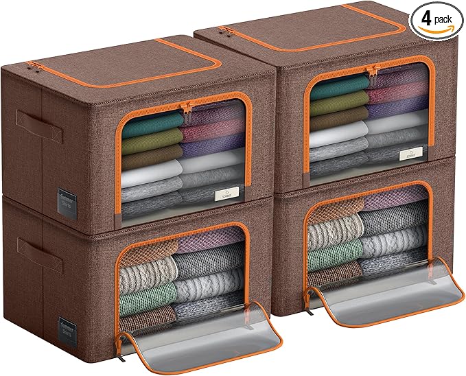 Sorbus Storage Bins with Metal Frame - Stackable & Foldable Clothes Organizer Bags - Oxford Fabric Storage Containers with Large Clear Window & Carry Handles Organization for Bedding Linen & Clothing