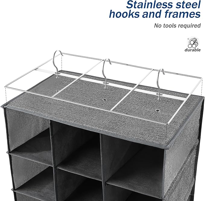 Libeder Shoe Organizers for Closet, 15 Shelf Hanging Closets Storage Shelves,12 Rack Organizer 3 Large Compartment for Clothes, Space Saving for Shoes with 3 Metal Hook(Grey)