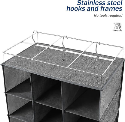 Libeder Shoe Organizers for Closet, 15 Shelf Hanging Closets Storage Shelves,12 Rack Organizer 3 Large Compartment for Clothes, Space Saving for Shoes with 3 Metal Hook(Grey)