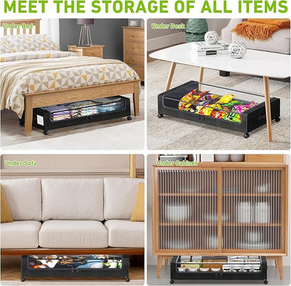 Tututry Under Bed Storage with Wheels, XXL 60L Under the Bed Storage Bins, Underbed Storage Containers with Lids & Label, Rolling Metal Drawer for Shoes, Clothes, Books, Toys (2-Pack Black)