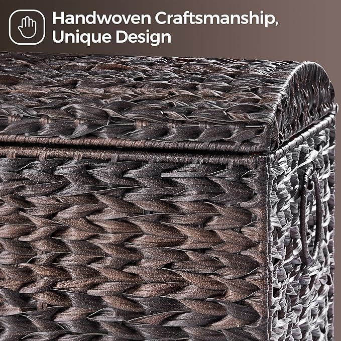 Honjourai Handwoven Storage Basket with Lid, 178L Plastic Rattan Storage Bin, Leather Buckle & Metal Frame, Large Metal Ring Handles, Storage Trunk for Bedroom, Laundry Room