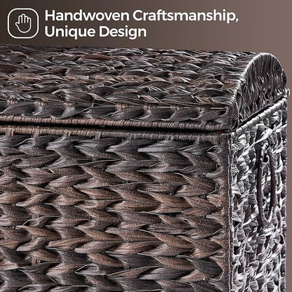 Honjourai Handwoven Storage Basket with Lid, 178L Plastic Rattan Storage Bin, Leather Buckle & Metal Frame, Large Metal Ring Handles, Storage Trunk for Bedroom, Laundry Room