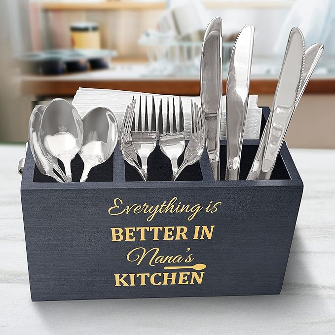 Classy Wooden Kitchen Utensil Organizer, Engraved Nana's Kitchen Quote Utensil Organizer, Utensil Caddy with 3 Compartments, Countertop Caddy Box