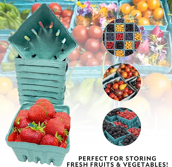 Hampton Distribution 15 Pack Green Berry Basket 1 Pint, Pulp Fiber Vented Produce Containers Farmers Market Basket, Fruit & Vegetable Containers