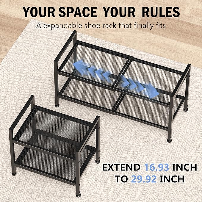 2 Tier Shoe Rack, Expandable Shoe Rack for Closet, Adjustable Shoe Organizer for Entryway, Shoe Storage Organizer for Door Entrance, Garage, Bedroom