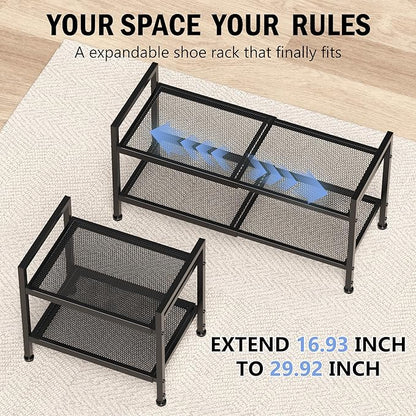 2 Tier Shoe Rack, Expandable Shoe Rack for Closet, Adjustable Shoe Organizer for Entryway, Shoe Storage Organizer for Door Entrance, Garage, Bedroom