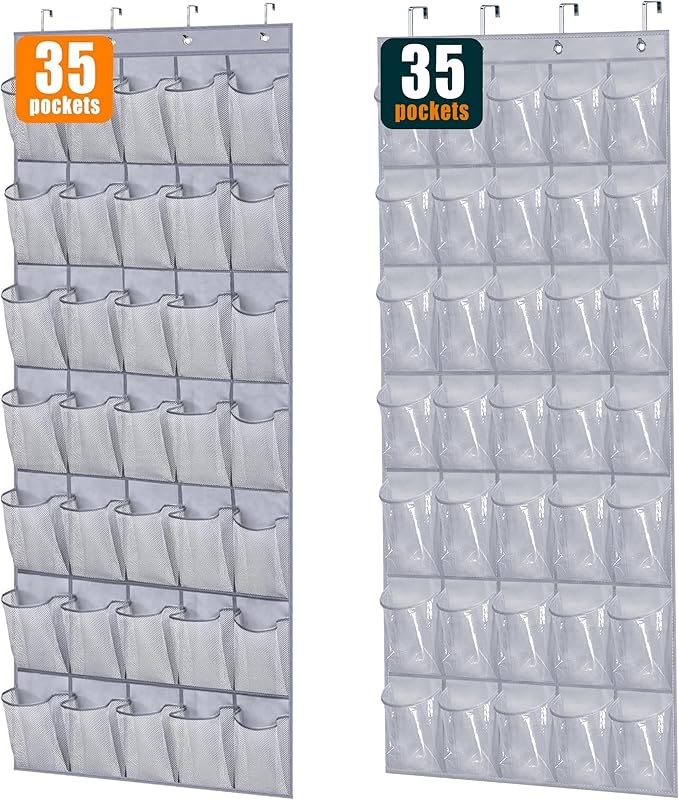 MISSLO 35 Large Pockets Over The Door Shoe Organizer Sturdy Oxford Fabric Hanging Shoe Rack Grey