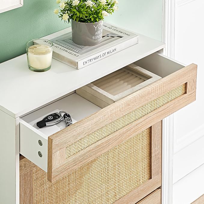 Entryway Shoe Cabinet with 2 Flip Drawers, Slim Freestanding Wooden Shoe Organizer with Linen Front Panels, Space-Saving Closed Shoe Rack for Hallway, Foyer, or Small Apartment(White)