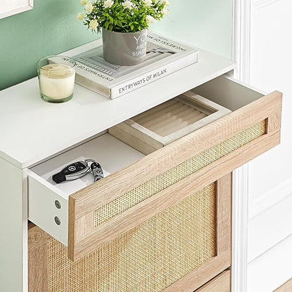 Entryway Shoe Cabinet with 2 Flip Drawers, Slim Freestanding Wooden Shoe Organizer with Linen Front Panels, Space-Saving Closed Shoe Rack for Hallway, Foyer, or Small Apartment(White)