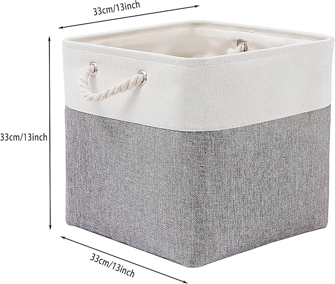 MidmmVick 13 x 13 Inch Cube Storage Bins, 4 Pack Large Collapsible Fabric Storage Bin with Ropes, Foldable Storage Cubes for Home, Office,Closet, Clothes, Toys Organizer (White & Grey)
