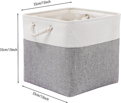 MidmmVick 13 x 13 Inch Cube Storage Bins, 4 Pack Large Collapsible Fabric Storage Bin with Ropes, Foldable Storage Cubes for Home, Office,Closet, Clothes, Toys Organizer (White & Grey)