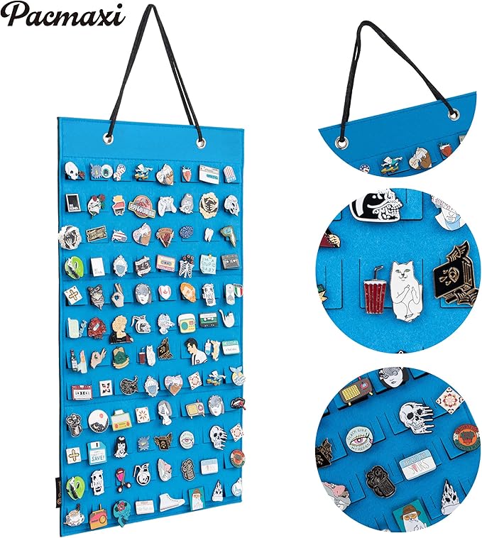 PACMAXI Hanging Brooch Pin Organizer, Display Pins Storage Case, Brooch Collection Storage Holder, Holds Up to 96 Pins.(Not Include Any Accessories) (Blue, Small)
